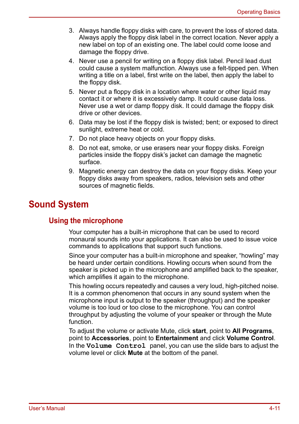 Sound system, Sound system -11, Using the microphone | Toshiba Portege R200 (PPR21) User Manual | Page 69 / 184