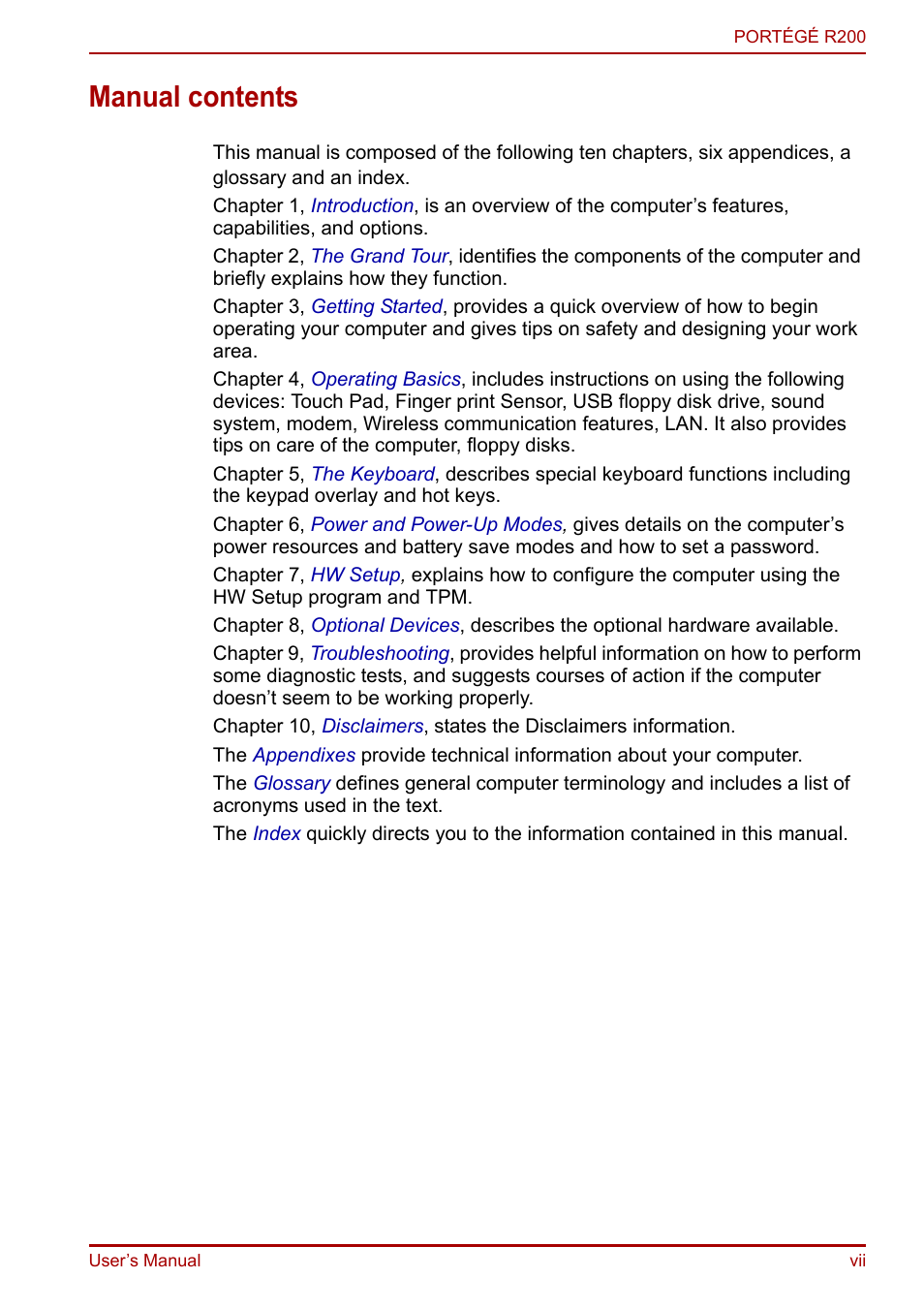 Manual contents | Toshiba Portege R200 (PPR21) User Manual | Page 7 / 184