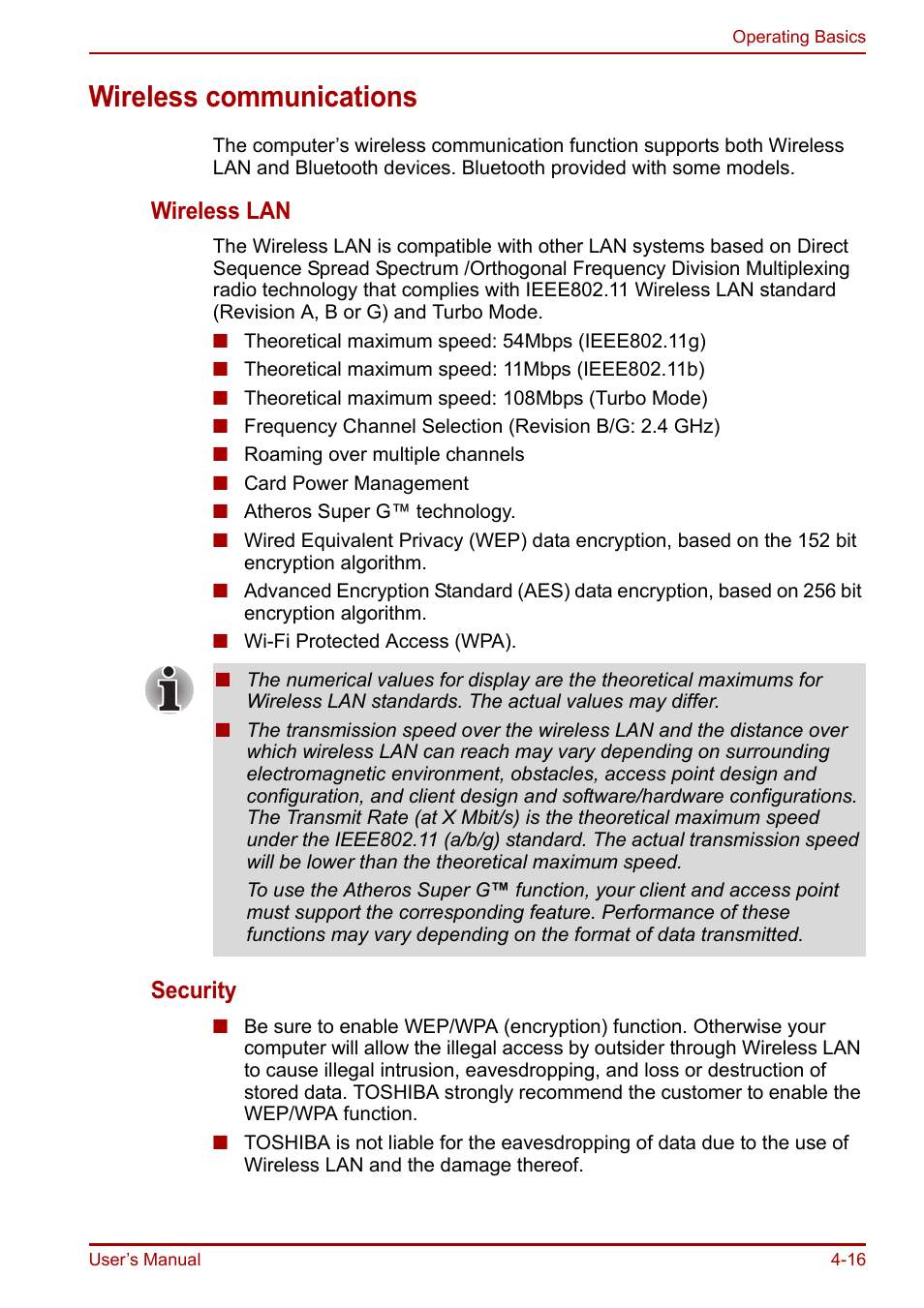 Wireless communications, Wireless communications -16, Wireless lan | Security | Toshiba Portege R200 (PPR21) User Manual | Page 74 / 184