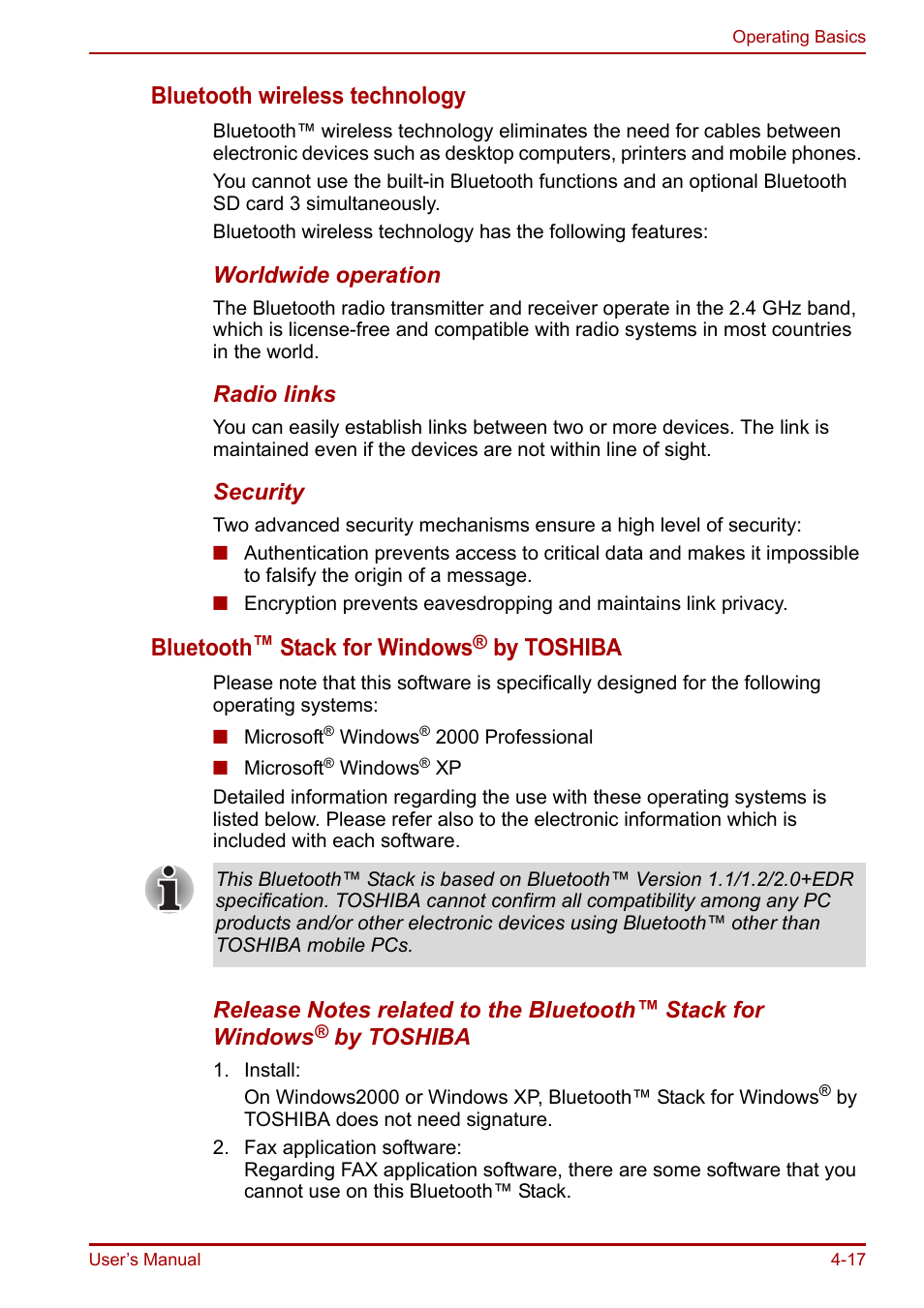 Bluetooth wireless technology, Bluetooth™ stack for windows, By toshiba | Toshiba Portege R200 (PPR21) User Manual | Page 75 / 184