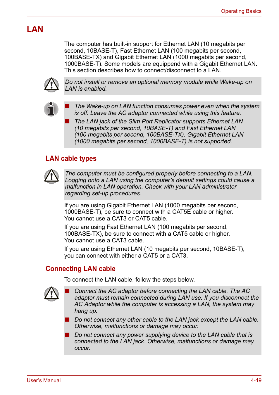 Lan -19, Lan cable types, Connecting lan cable | Toshiba Portege R200 (PPR21) User Manual | Page 77 / 184