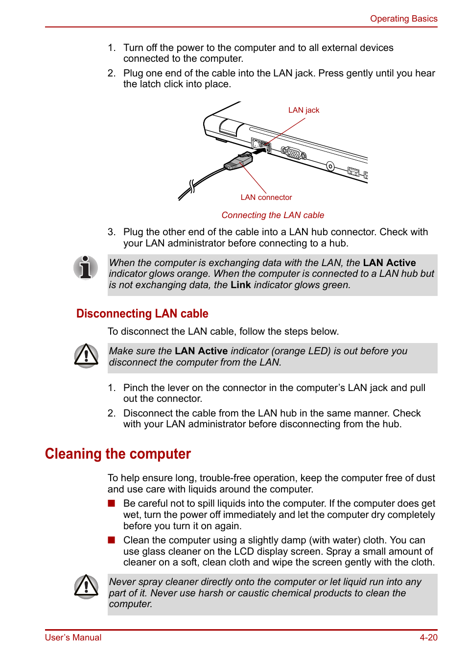 Cleaning the computer, Cleaning the computer -20, Disconnecting lan cable | Toshiba Portege R200 (PPR21) User Manual | Page 78 / 184