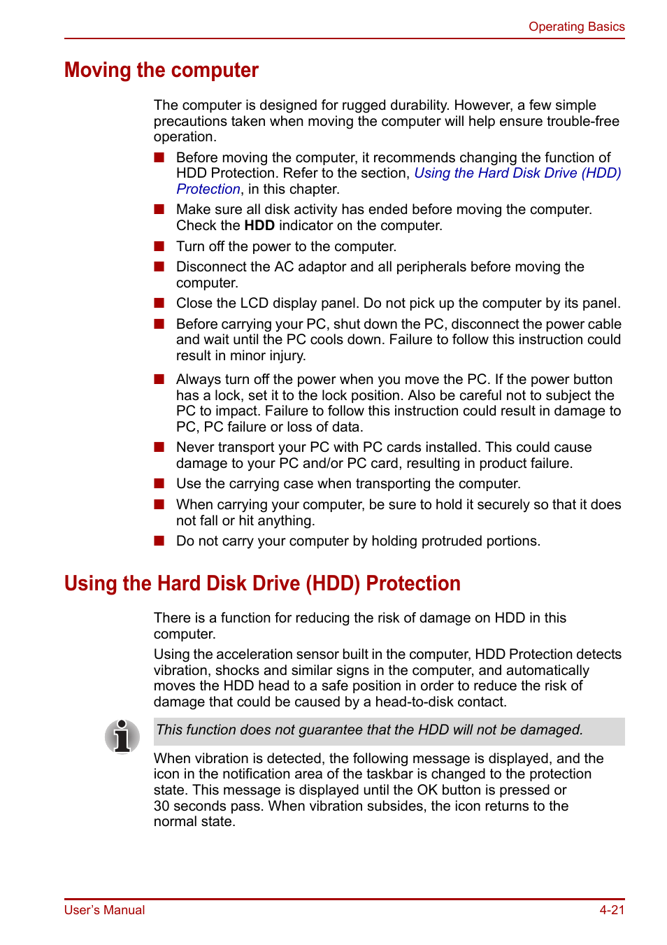 Moving the computer, Using the hard disk drive (hdd) protection | Toshiba Portege R200 (PPR21) User Manual | Page 79 / 184