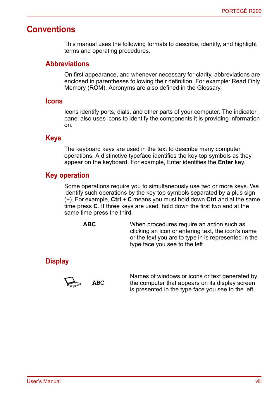 Conventions | Toshiba Portege R200 (PPR21) User Manual | Page 8 / 184