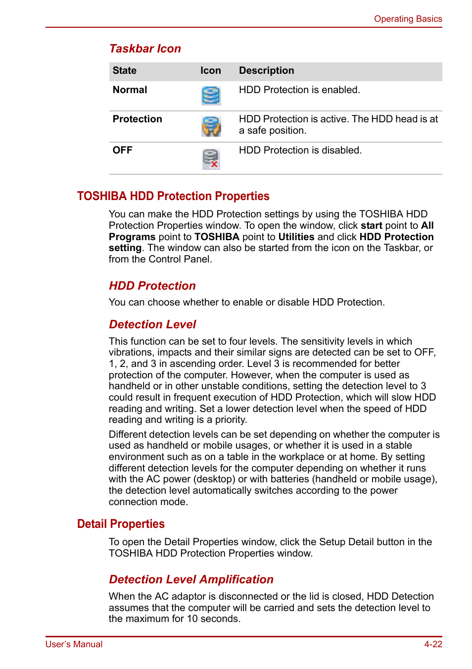Toshiba hdd protection properties, Detail properties | Toshiba Portege R200 (PPR21) User Manual | Page 80 / 184