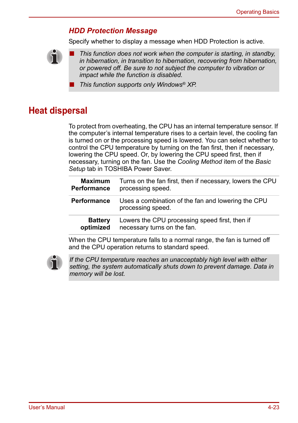 Heat dispersal, Heat dispersal -23 | Toshiba Portege R200 (PPR21) User Manual | Page 81 / 184