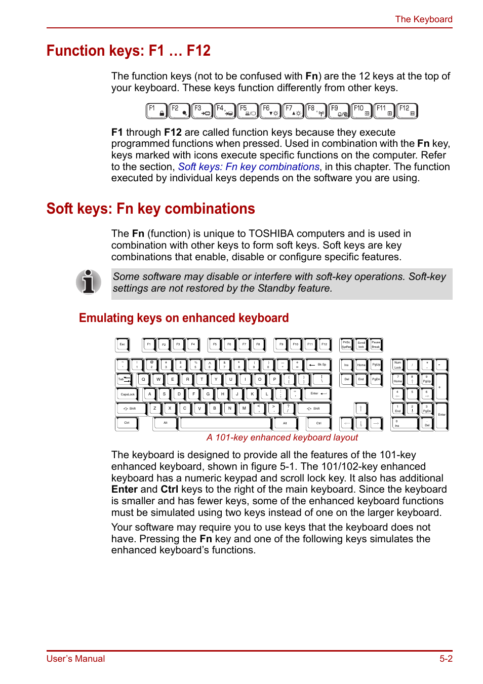 Function keys: f1 … f12, Soft keys: fn key combinations, Emulating keys on enhanced keyboard | User’s manual 5-2 the keyboard, A 101-key enhanced keyboard layout | Toshiba Portege R200 (PPR21) User Manual | Page 83 / 184