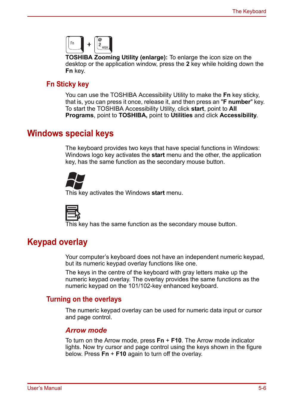 Windows special keys, Keypad overlay, Windows special keys -6 keypad overlay -6 | Keypad, Overlay | Toshiba Portege R200 (PPR21) User Manual | Page 87 / 184