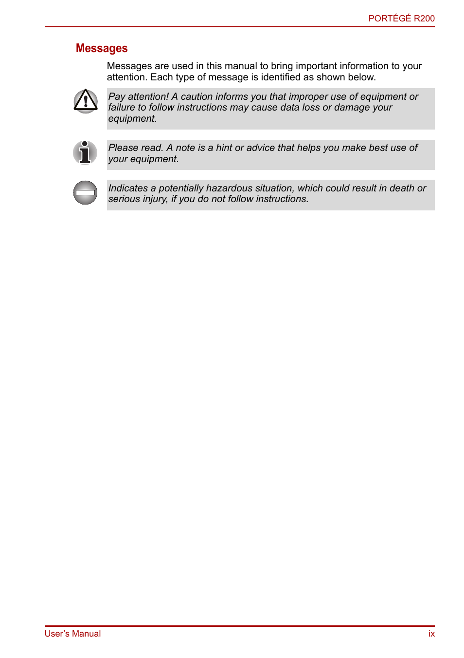 Messages | Toshiba Portege R200 (PPR21) User Manual | Page 9 / 184