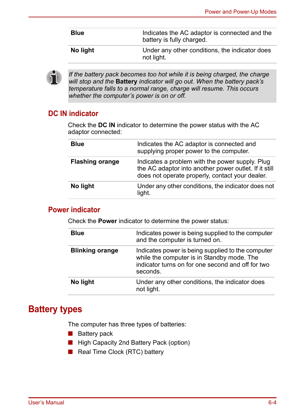 Battery types, Battery types -4, Power indicator | Dc in indicator | Toshiba Portege R200 (PPR21) User Manual | Page 93 / 184