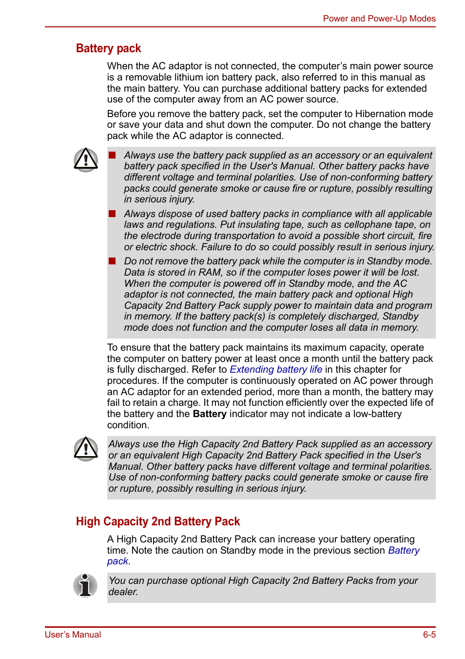 Battery pack, High capacity 2nd battery pack | Toshiba Portege R200 (PPR21) User Manual | Page 94 / 184
