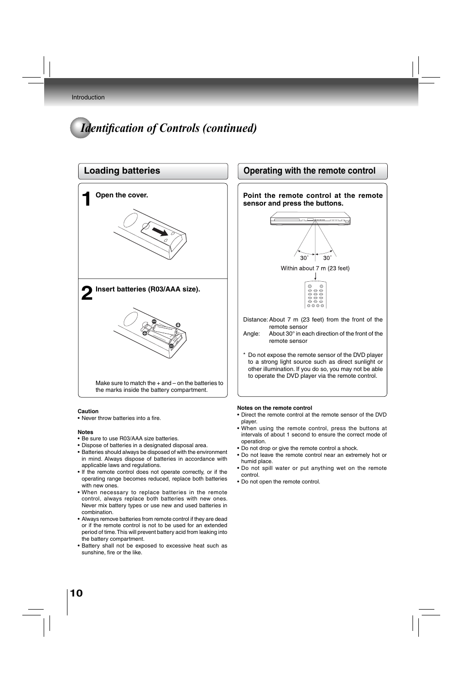 Identifi cation of controls (continued), Operating with the remote control, Loading batteries | Toshiba XDE600 User Manual | Page 10 / 40