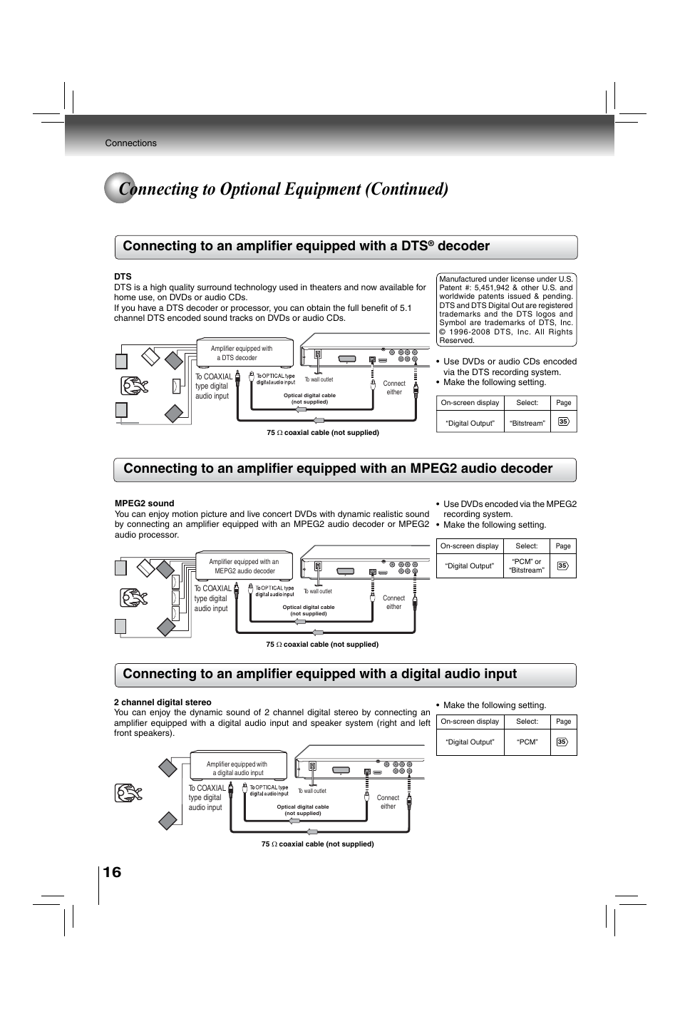 Connecting to optional equipment (continued), Connecting to an amplifi er equipped with a dts, Decoder | Toshiba XDE600 User Manual | Page 16 / 40