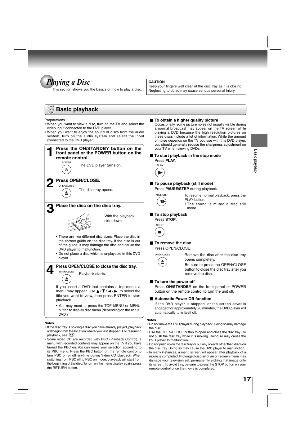 Playing a disc, Basic playback | Toshiba XDE600 User Manual | Page 17 / 40