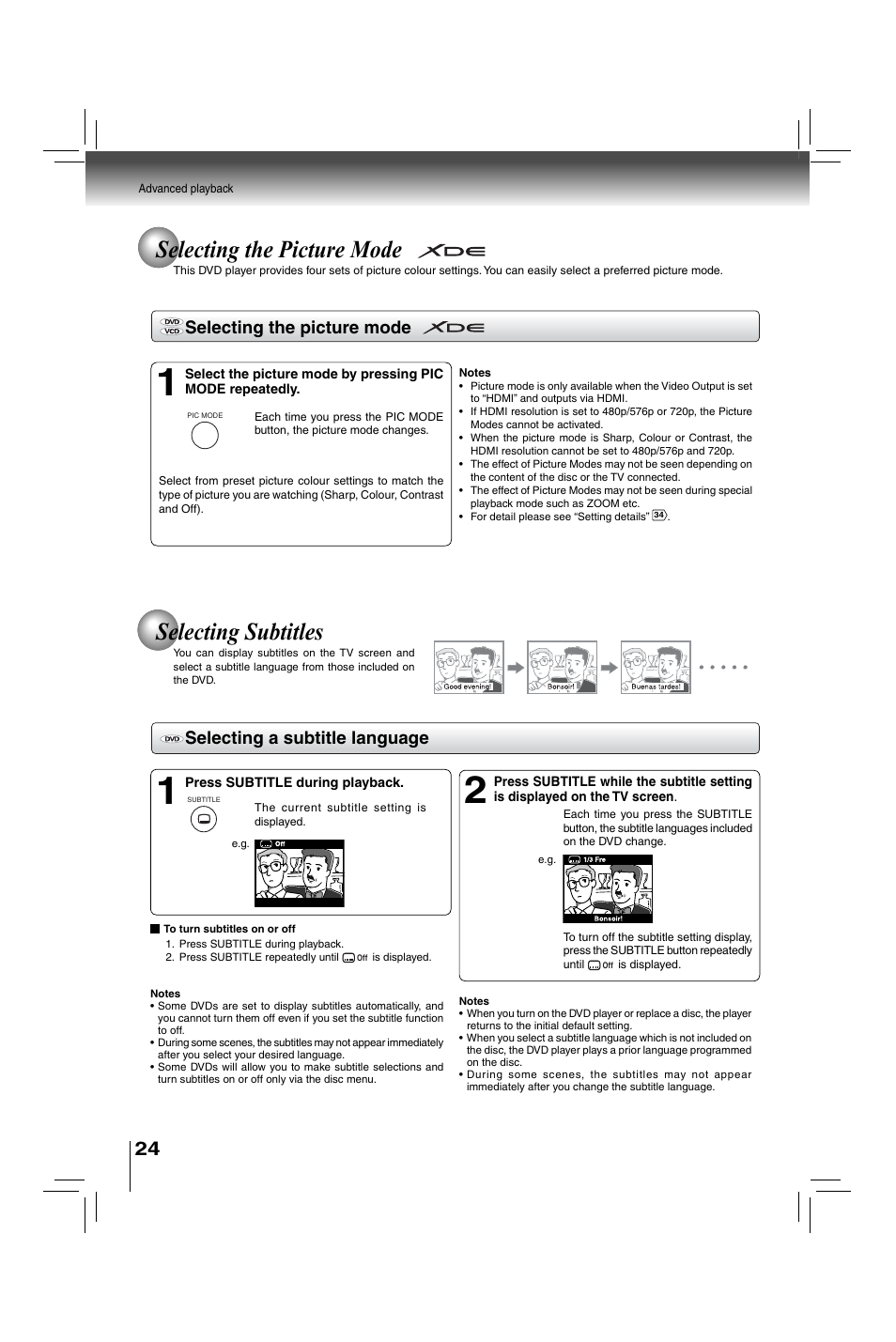 Selecting subtitles, Selecting the picture mode, Selecting a subtitle language | Toshiba XDE600 User Manual | Page 24 / 40