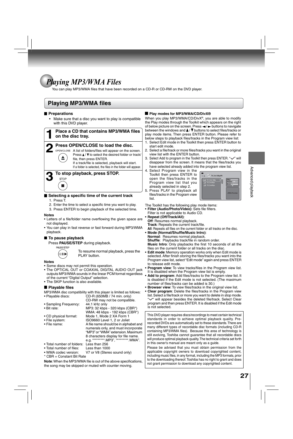 Playing mp3/wma files, Playing mp3/wma fi les | Toshiba XDE600 User Manual | Page 27 / 40
