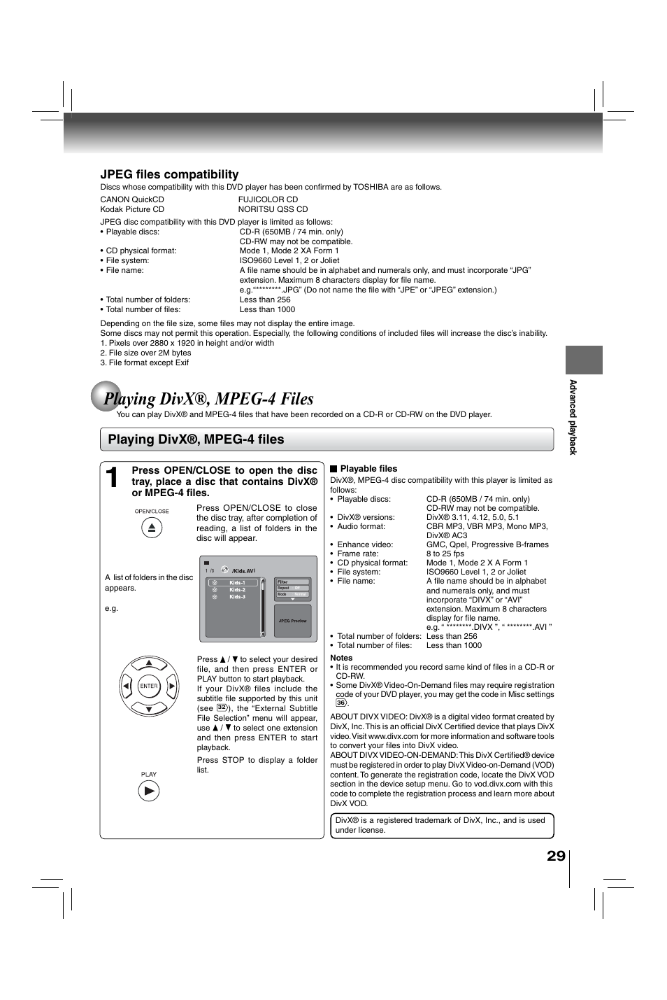 Playing divx®, mpeg-4 files, Playing divx®, mpeg-4 fi les, Jpeg fi les compatibility | Toshiba XDE600 User Manual | Page 29 / 40