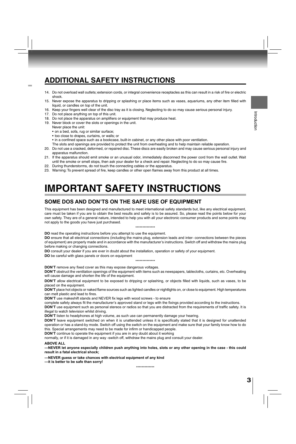 Important safety instructions, Additional safety instructions, Some dos and don’ts on the safe use of equipment | Toshiba XDE600 User Manual | Page 3 / 40