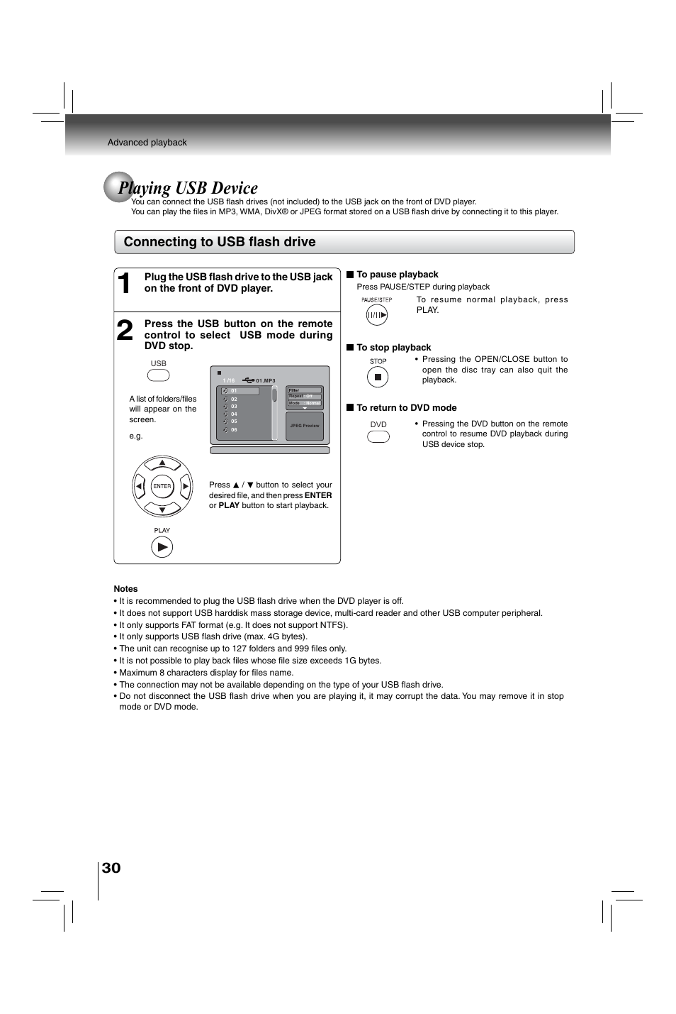 Playing usb device, Connecting to usb fl ash drive | Toshiba XDE600 User Manual | Page 30 / 40