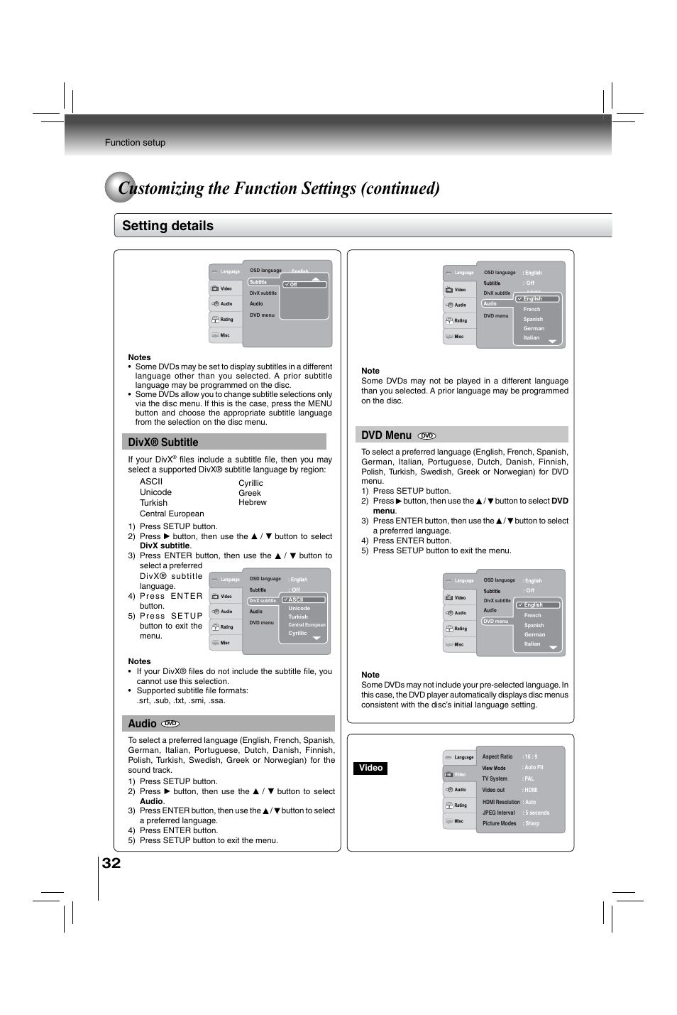 Customizing the function settings (continued), Setting details, Divx® subtitle | Dvd menu, Audio | Toshiba XDE600 User Manual | Page 32 / 40