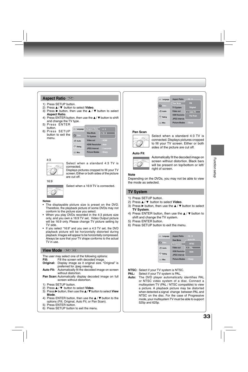 Aspect ratio, View mode, Tv system | Toshiba XDE600 User Manual | Page 33 / 40