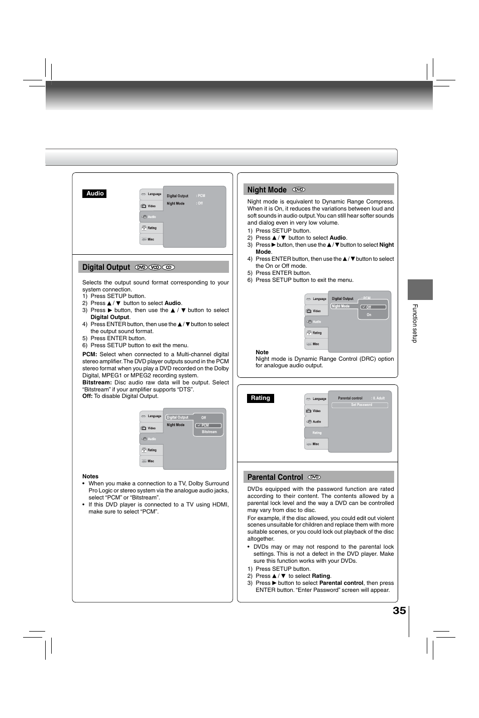 Night mode, Digital output, Parental control | Toshiba XDE600 User Manual | Page 35 / 40