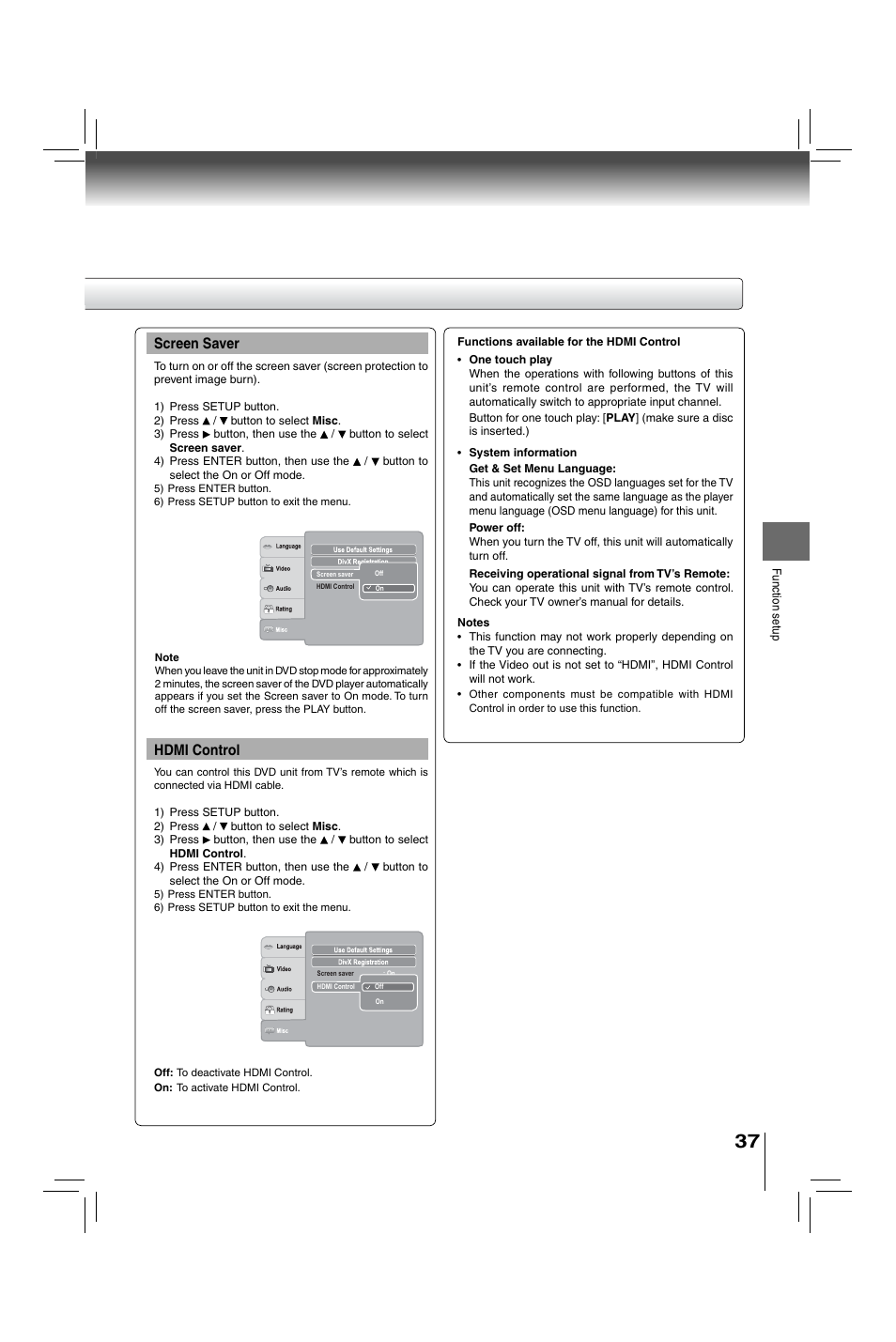 Screen saver, Hdmi control | Toshiba XDE600 User Manual | Page 37 / 40