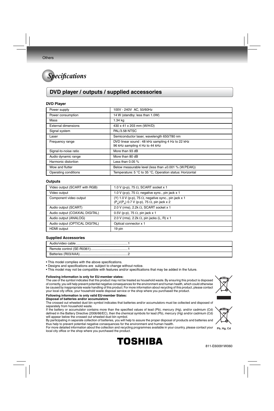 Specifi cations, Dvd player / outputs / supplied accessories | Toshiba XDE600 User Manual | Page 40 / 40