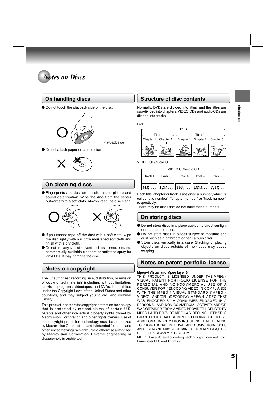 Structure of disc contents, On handling discs, On cleaning discs | On storing discs | Toshiba XDE600 User Manual | Page 5 / 40