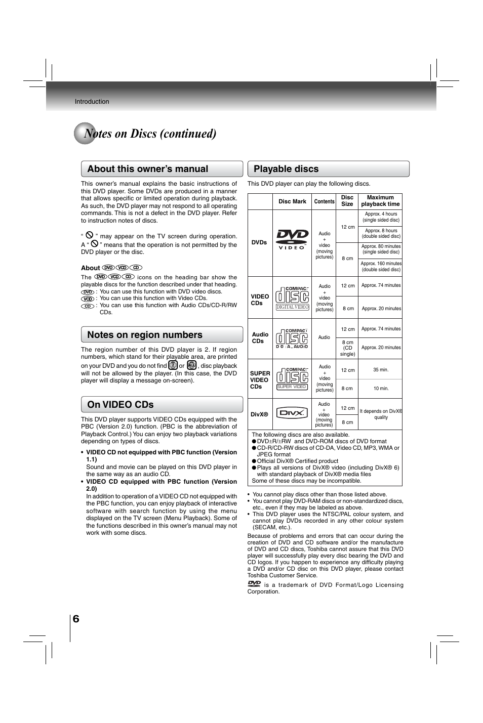 About this owner’s manual, On video cds, Playable discs | Toshiba XDE600 User Manual | Page 6 / 40