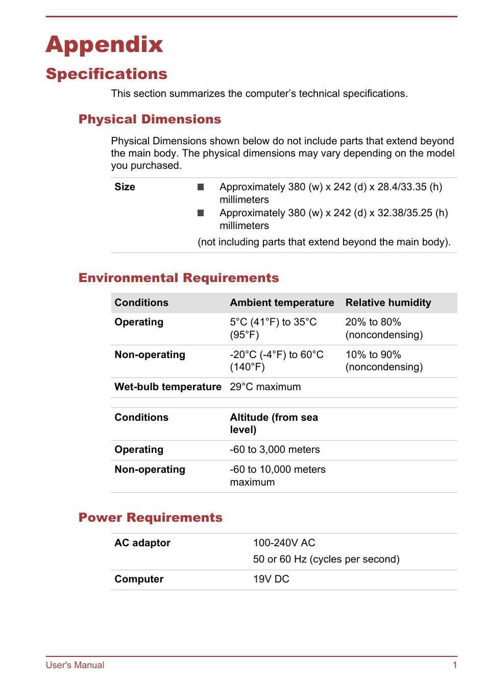 Appendix, Specifications | Toshiba Satellite C50-A User Manual | Page 115 / 135