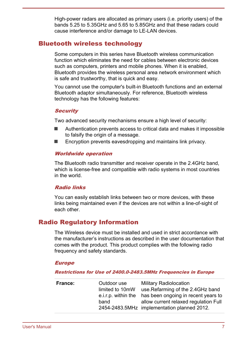 Bluetooth wireless technology, Radio regulatory information | Toshiba Satellite C50-A User Manual | Page 121 / 135