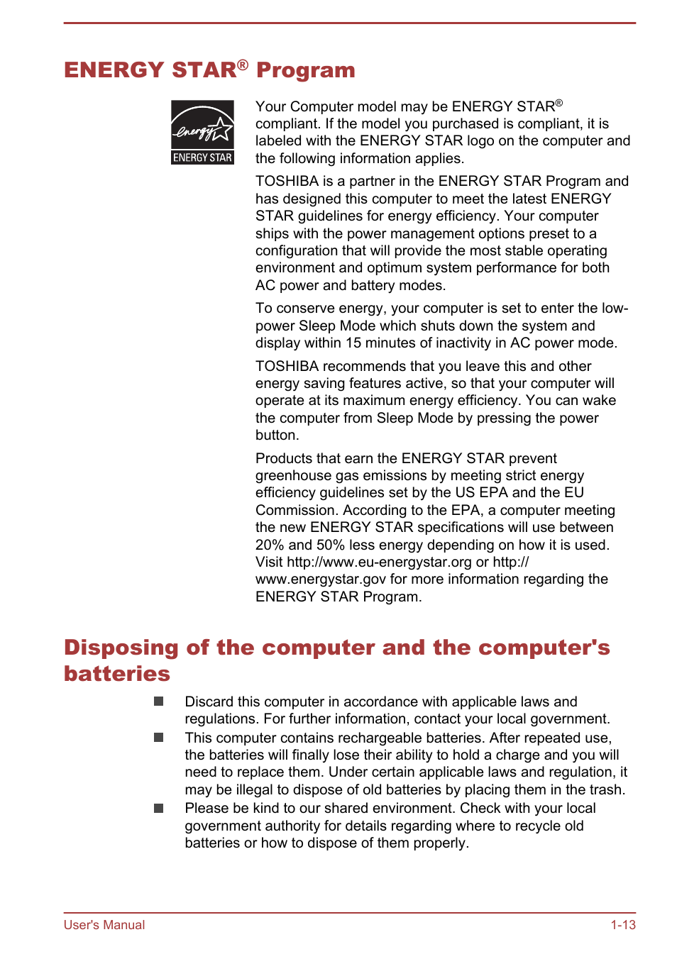 Energy star® program, Energy star, Program | Toshiba Satellite C50-A User Manual | Page 16 / 135
