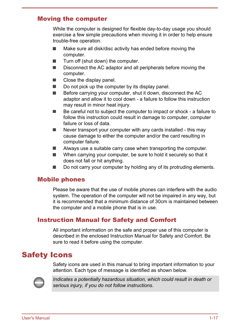 Moving the computer, Mobile phones, Instruction manual for safety and comfort | Safety icons, Safety icons -17 | Toshiba Satellite C50-A User Manual | Page 20 / 135