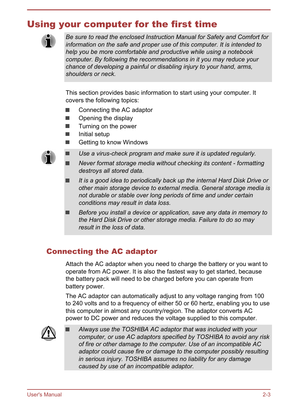 Using your computer for the first time, Connecting the ac adaptor, Using your computer for the first time -3 | Toshiba Satellite C50-A User Manual | Page 24 / 135