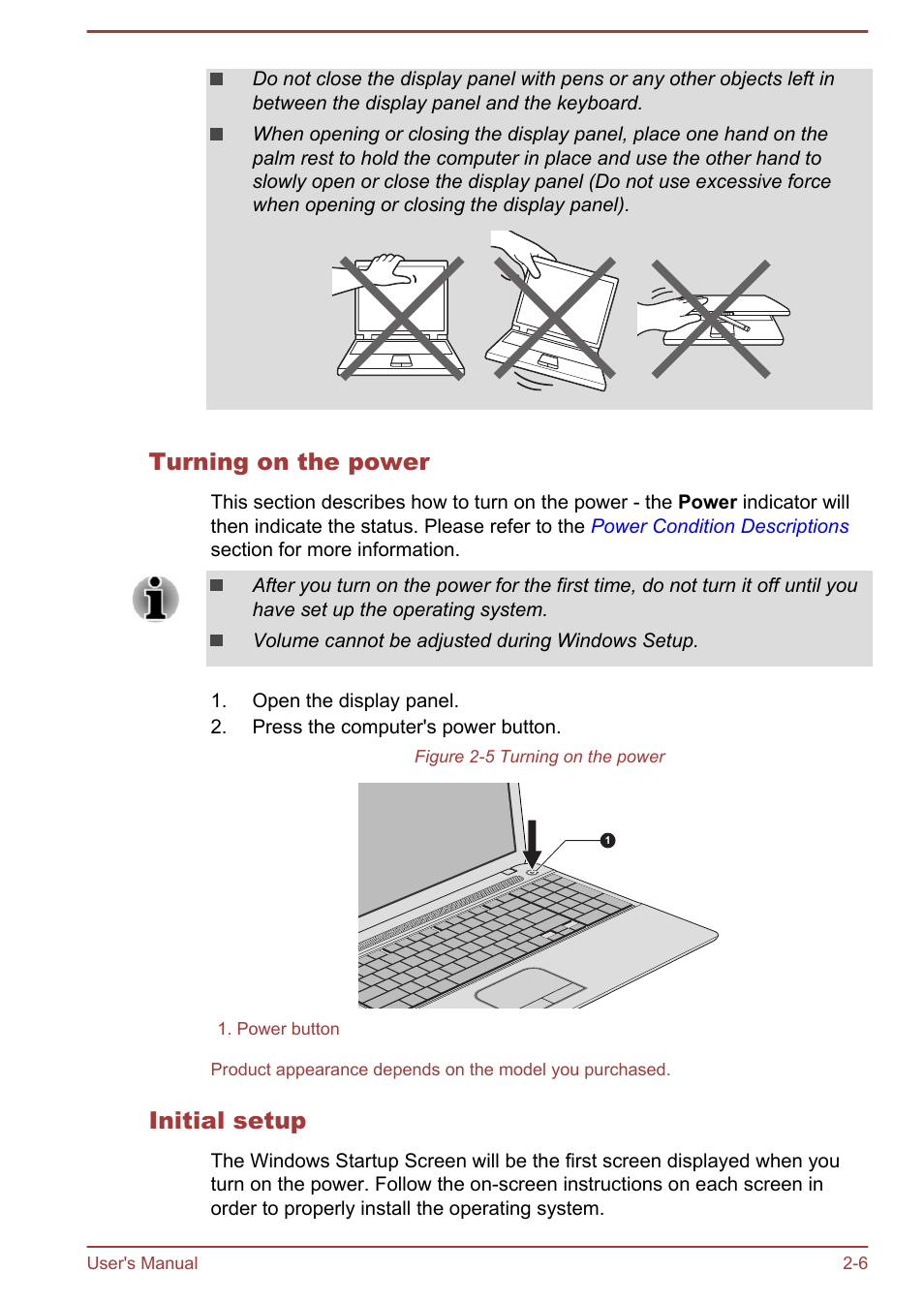 Turning on the power, Initial setup | Toshiba Satellite C50-A User Manual | Page 27 / 135