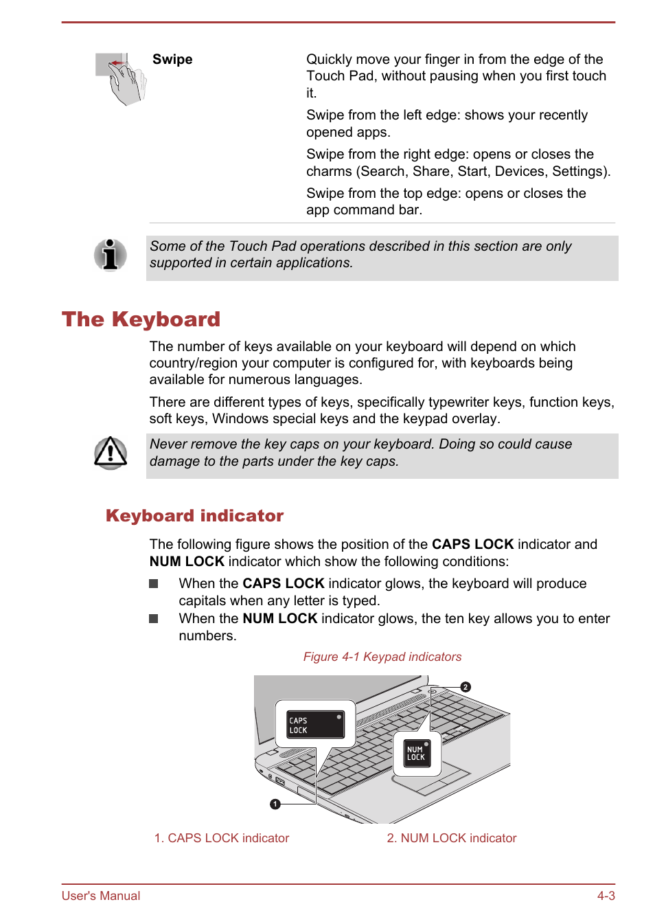 The keyboard, Keyboard indicator, The keyboard -3 | Toshiba Satellite C50-A User Manual | Page 49 / 135
