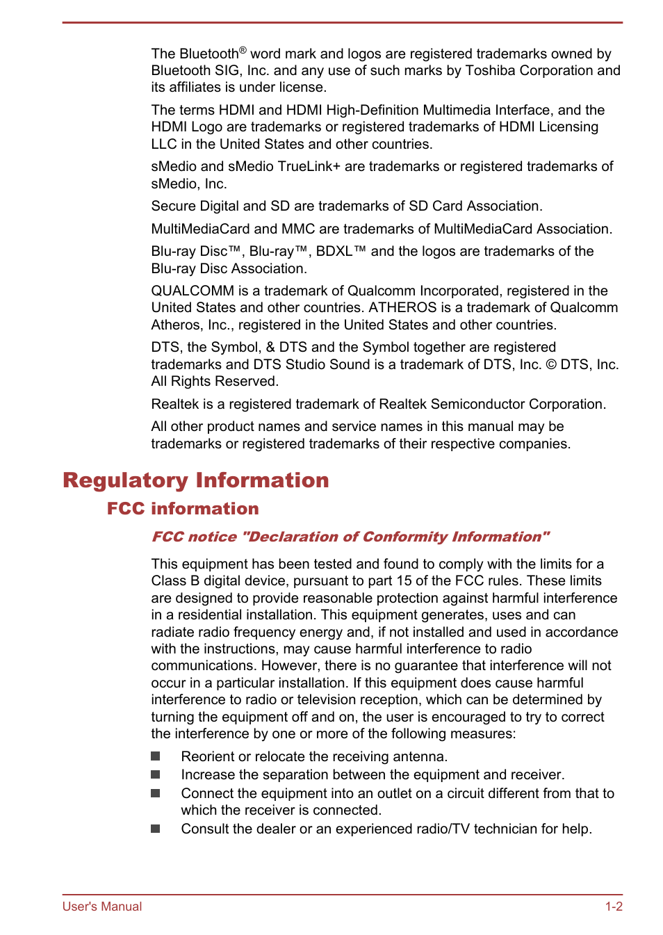 Regulatory information, Fcc information, Regulatory information -2 | Toshiba Satellite C50-A User Manual | Page 5 / 135