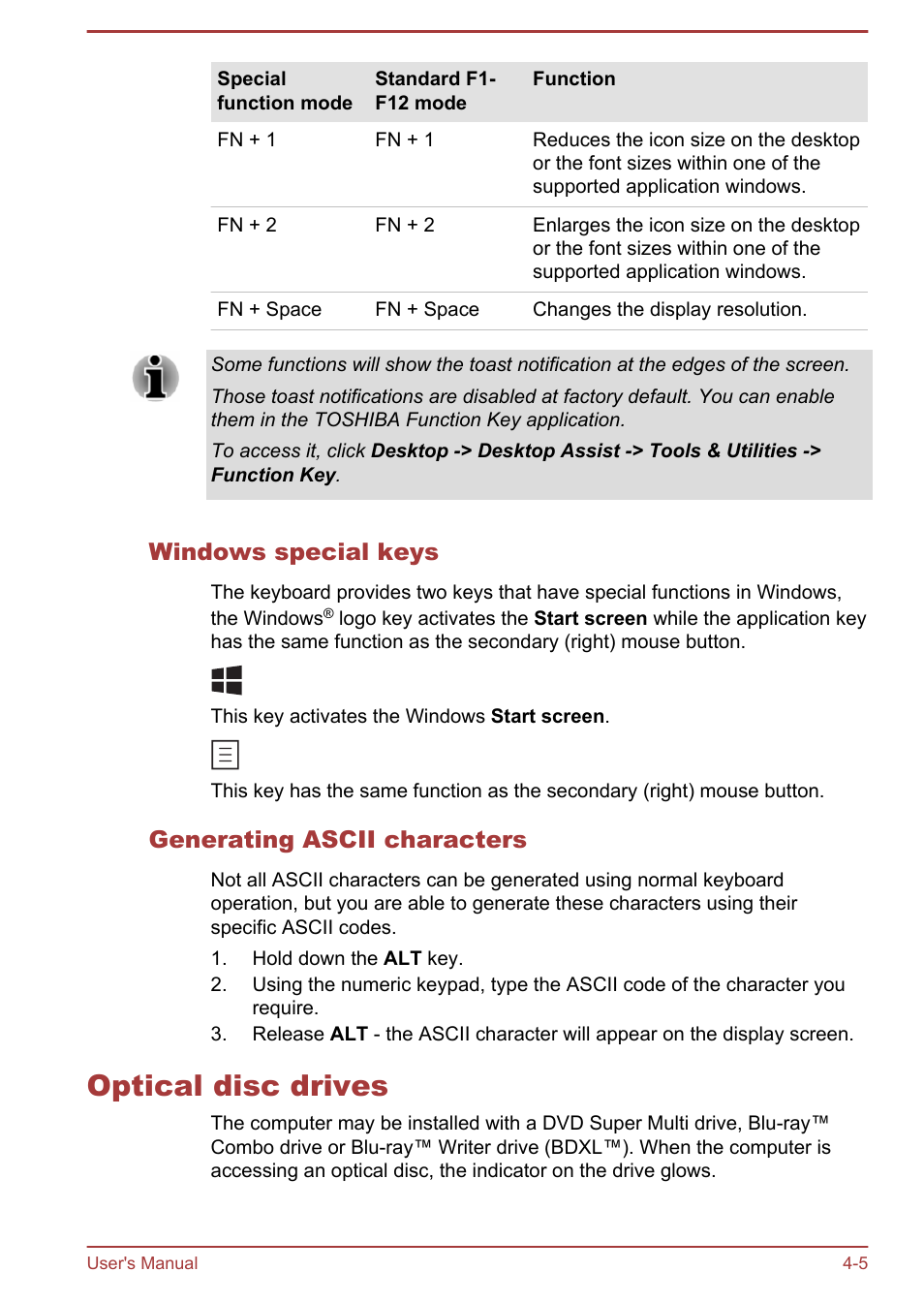 Windows special keys, Generating ascii characters, Optical disc drives | Optical disc drives -5 | Toshiba Satellite C50-A User Manual | Page 51 / 135