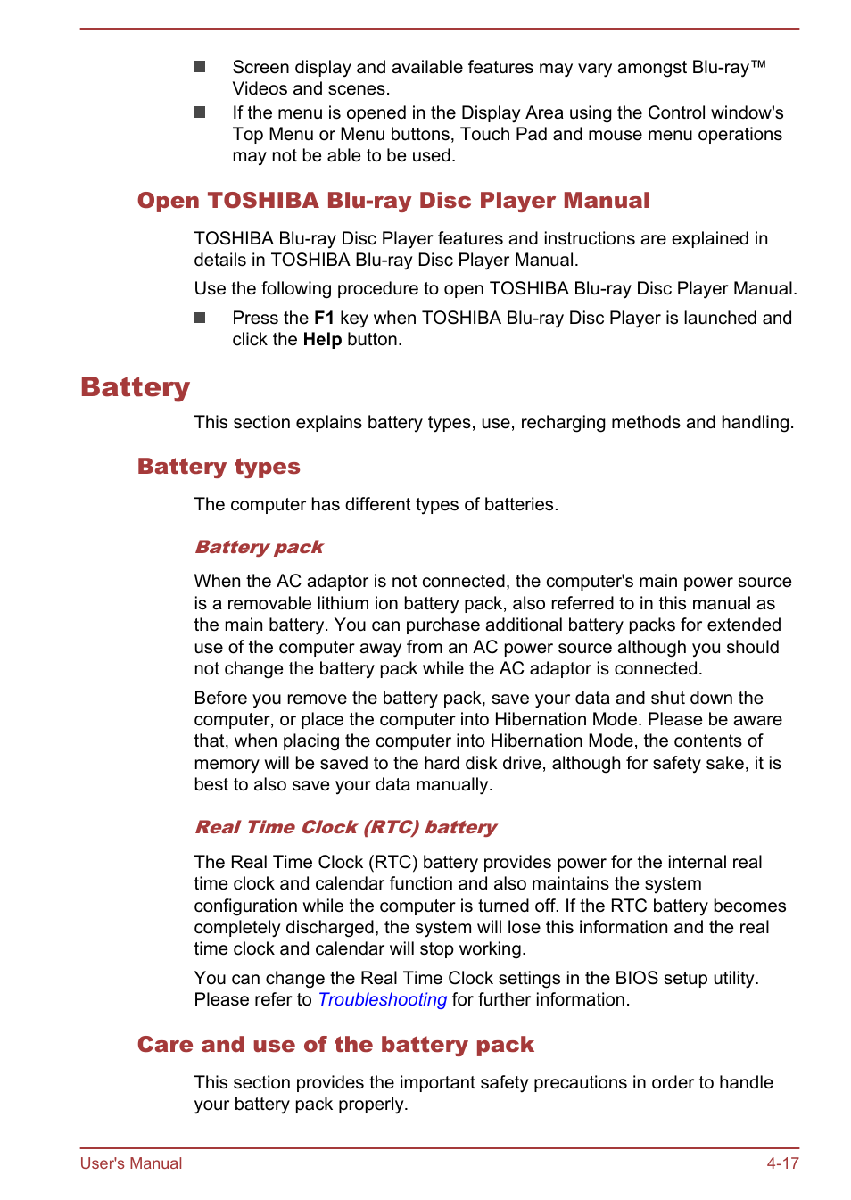 Open toshiba blu-ray disc player manual, Battery, Battery types | Care and use of the battery pack, Battery -17 | Toshiba Satellite C50-A User Manual | Page 63 / 135