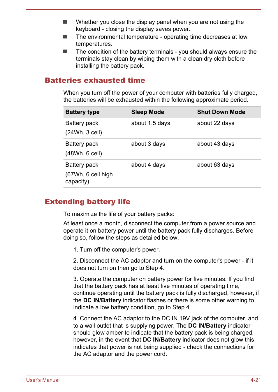 Batteries exhausted time, Extending battery life | Toshiba Satellite C50-A User Manual | Page 67 / 135