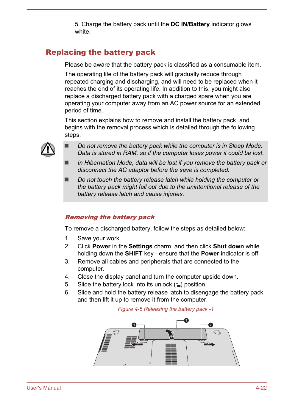 Replacing the battery pack | Toshiba Satellite C50-A User Manual | Page 68 / 135