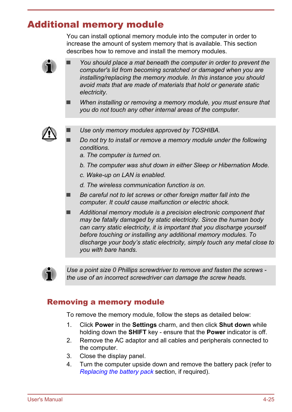 Additional memory module, Removing a memory module, Additional memory module -25 | Toshiba Satellite C50-A User Manual | Page 71 / 135