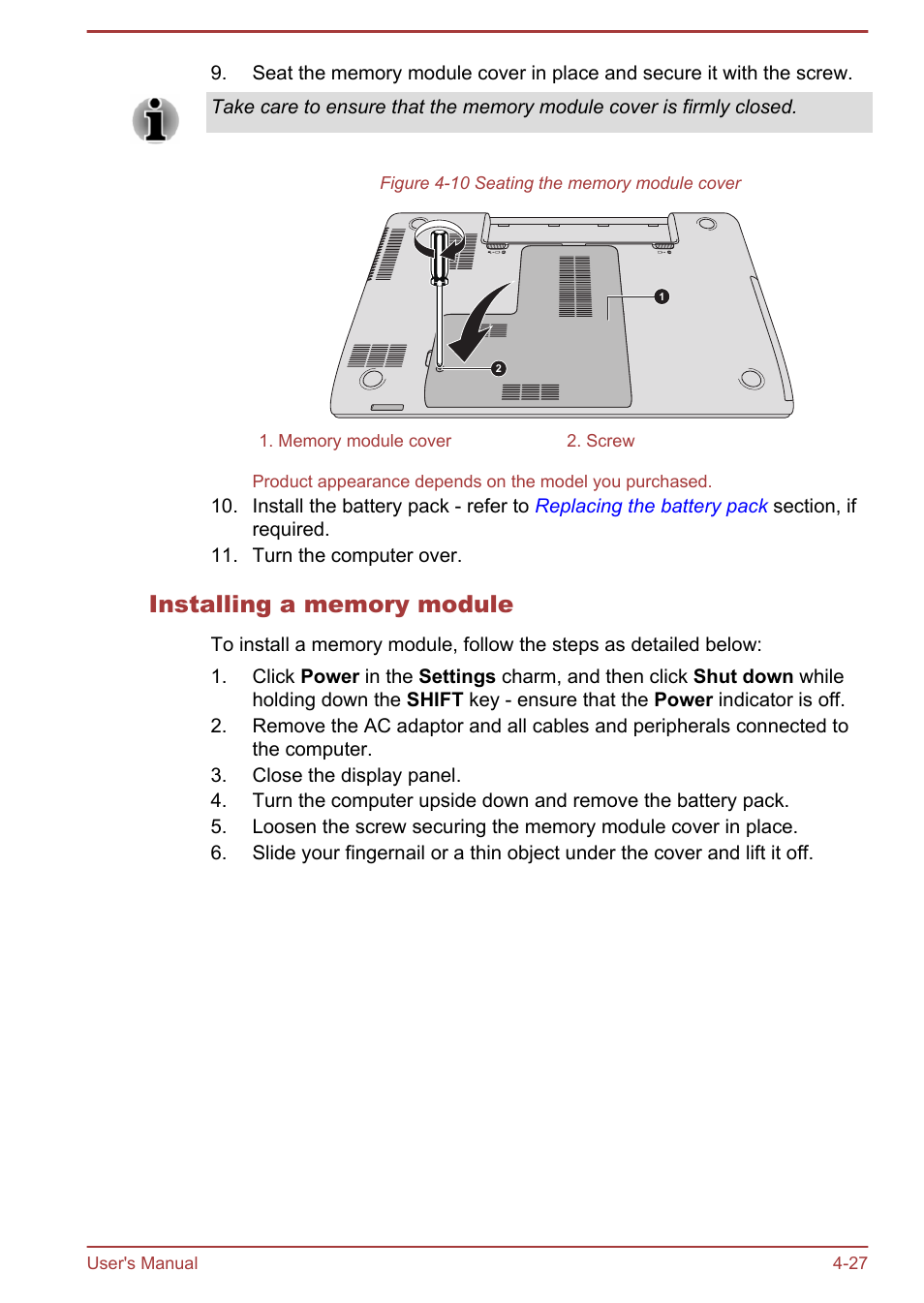 Installing a memory module | Toshiba Satellite C50-A User Manual | Page 73 / 135
