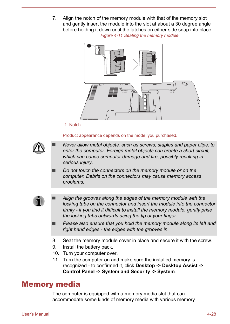 Memory media, Memory media -28 | Toshiba Satellite C50-A User Manual | Page 74 / 135