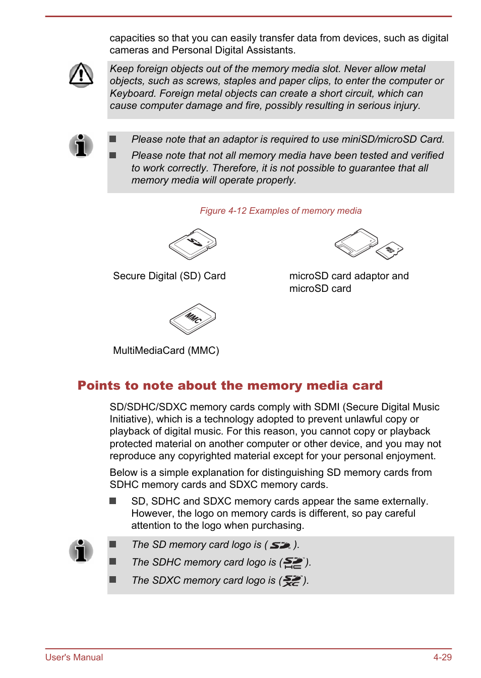 Points to note about the memory media card | Toshiba Satellite C50-A User Manual | Page 75 / 135
