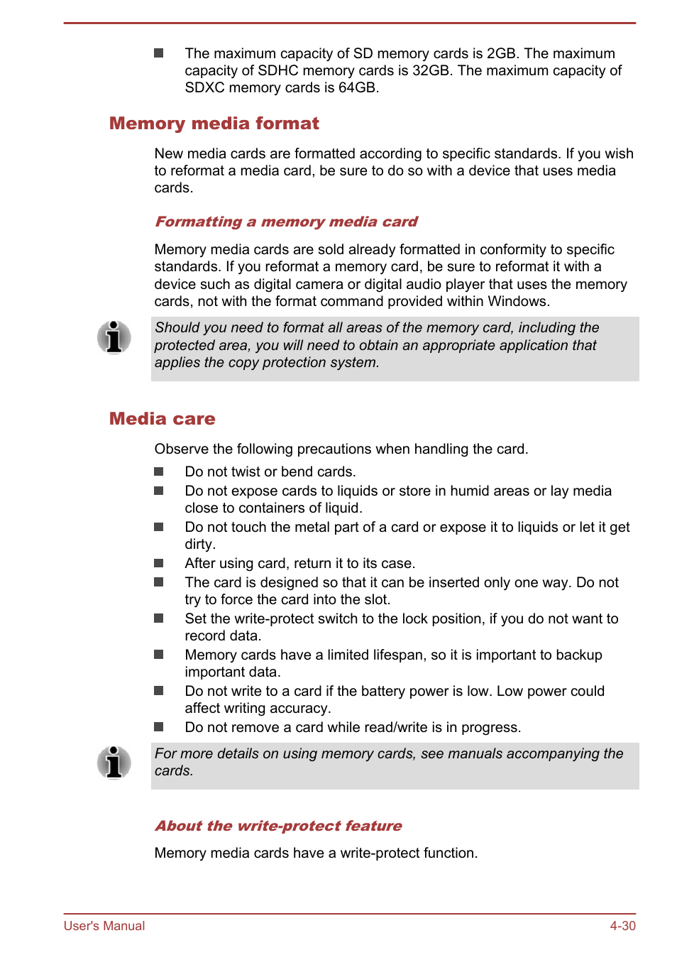 Memory media format, Media care | Toshiba Satellite C50-A User Manual | Page 76 / 135