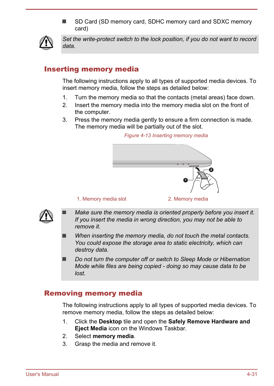 Inserting memory media, Removing memory media | Toshiba Satellite C50-A User Manual | Page 77 / 135