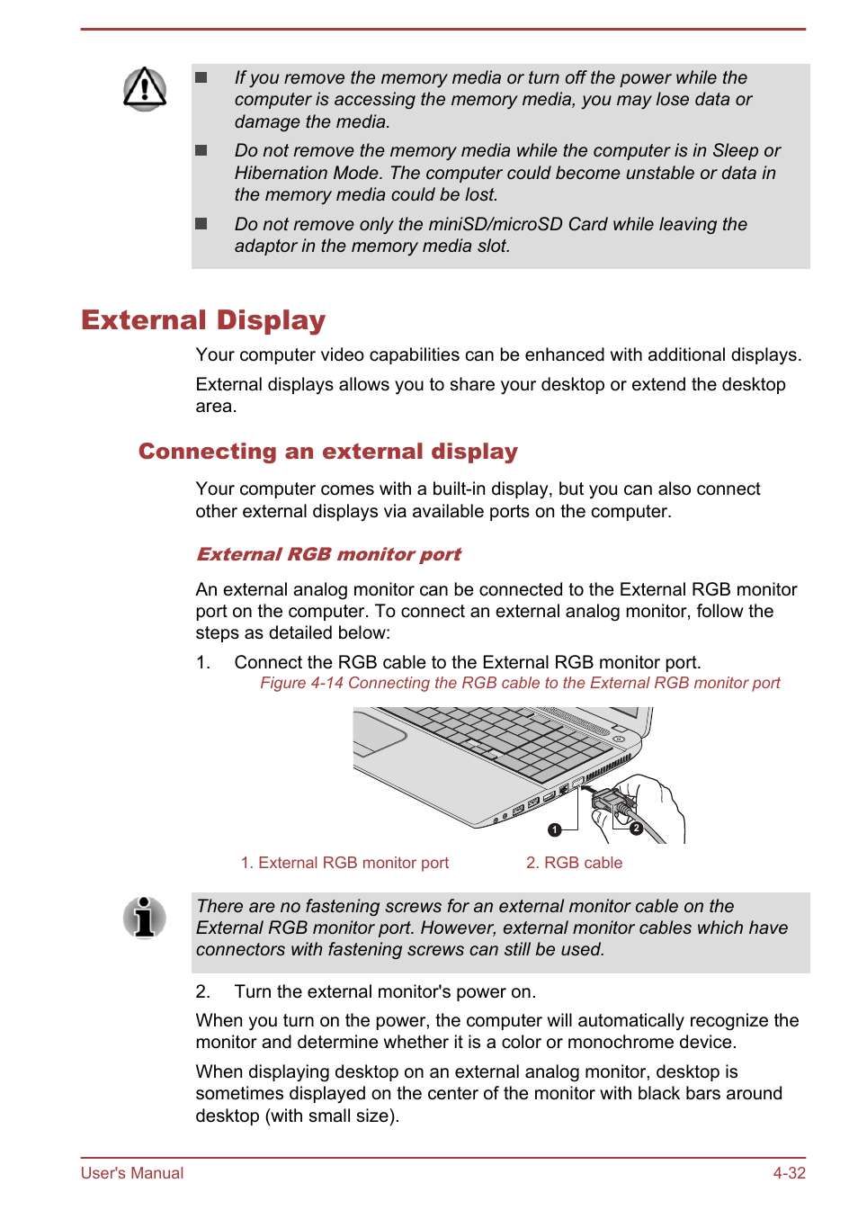 External display, Connecting an external display, External display -32 | Toshiba Satellite C50-A User Manual | Page 78 / 135