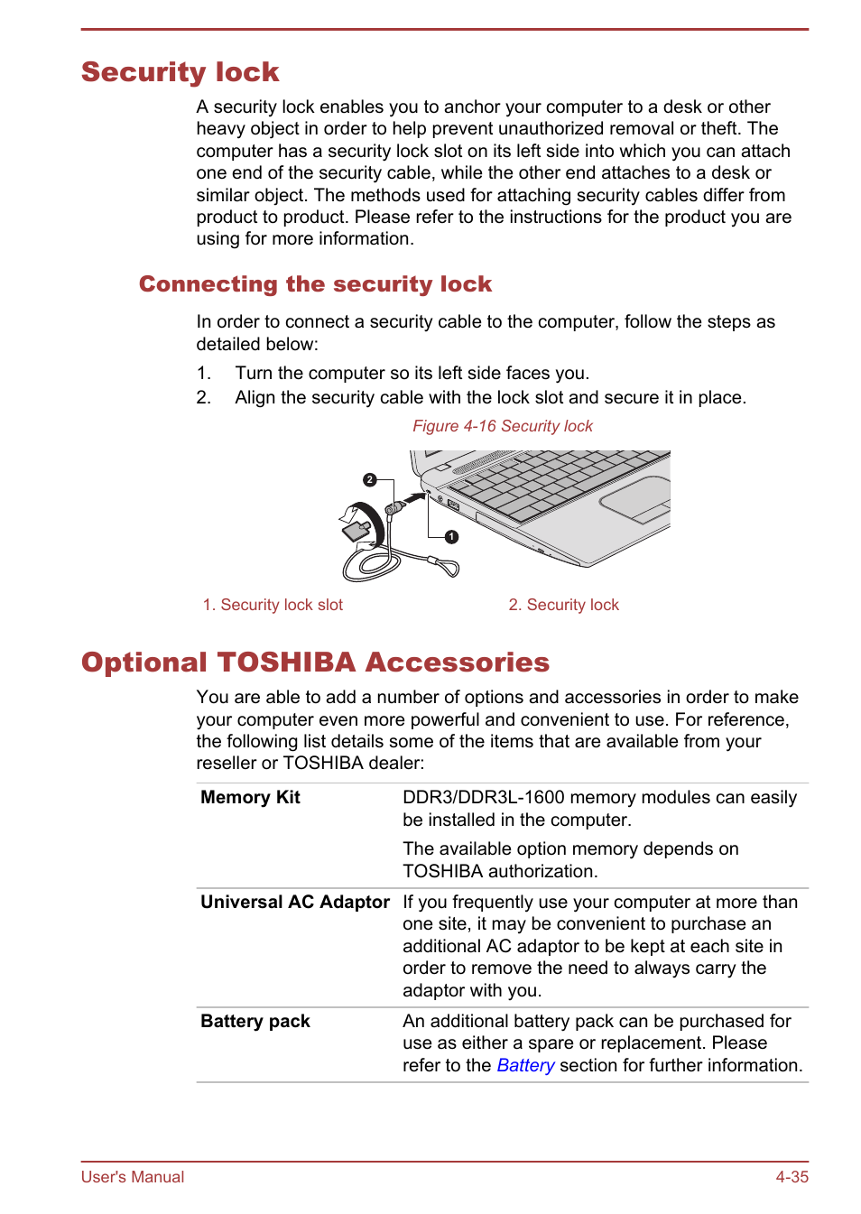 Security lock, Connecting the security lock, Optional toshiba accessories | Security lock -35 optional toshiba accessories -35 | Toshiba Satellite C50-A User Manual | Page 81 / 135